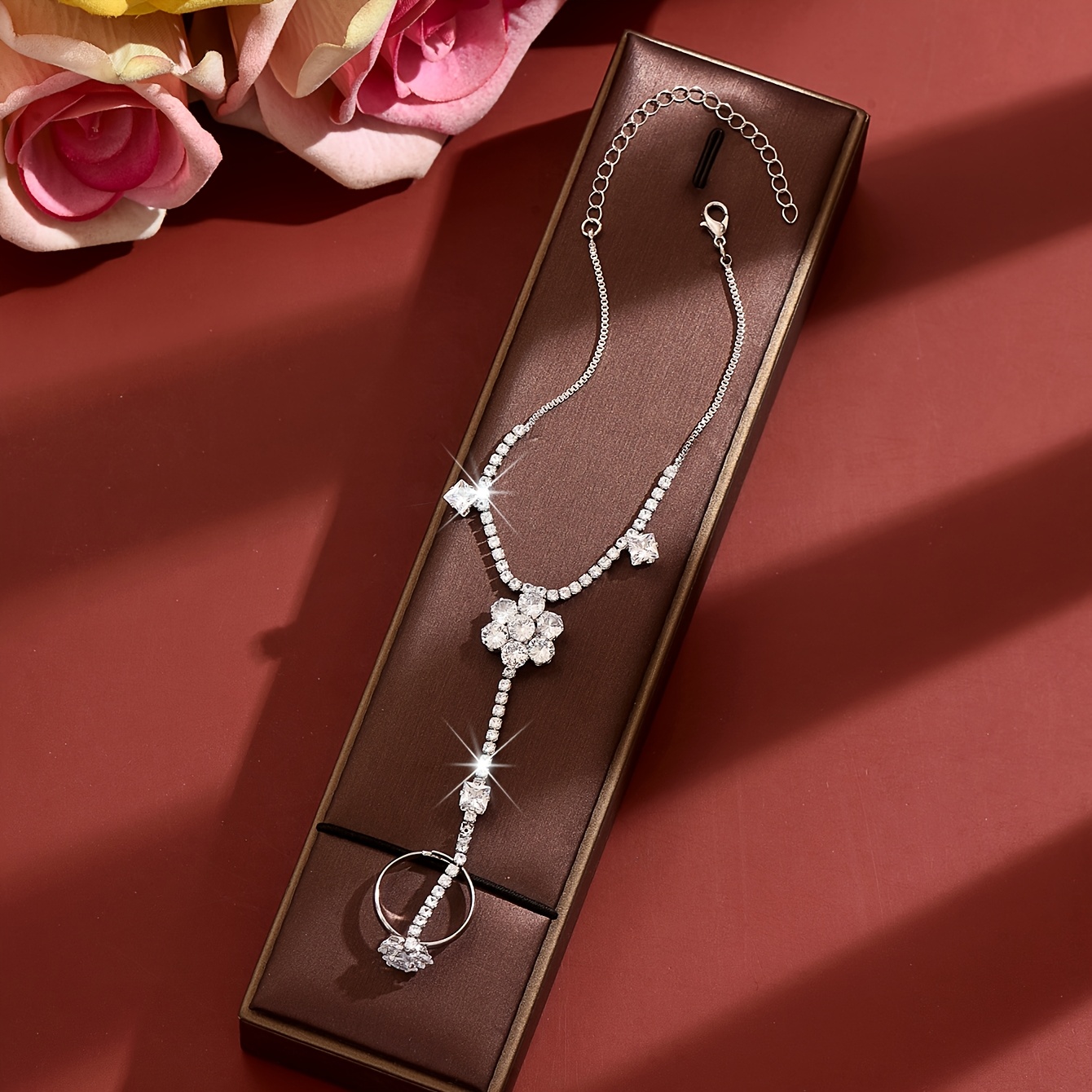 Women's Floral Inlaid Rhinestone Wrist Chain Bracelet